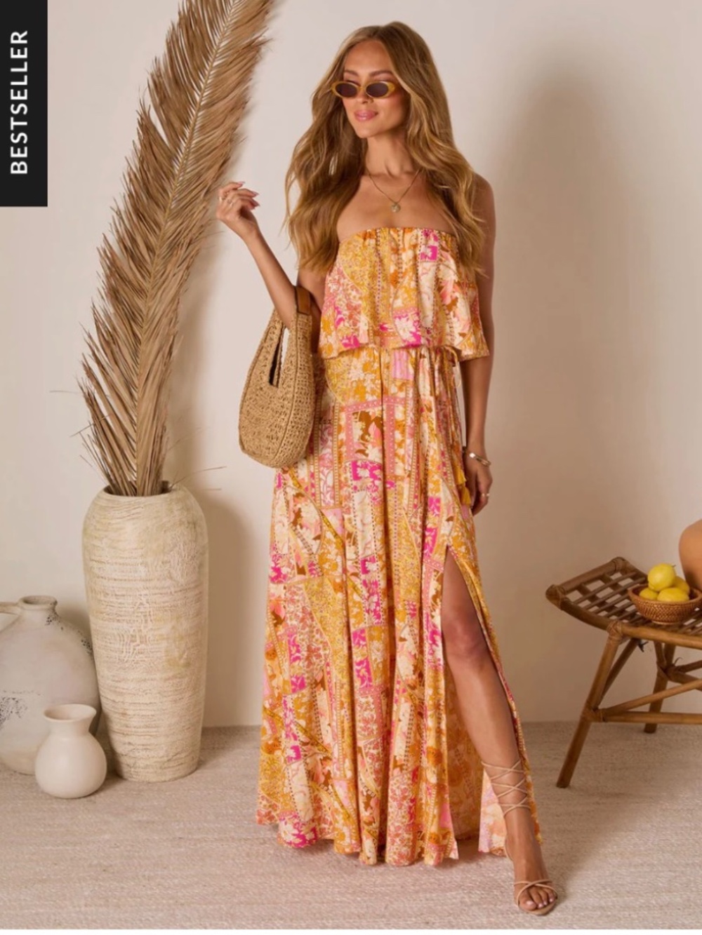Never Worn! Vici Boutique Orange Multi Strapless Maxi Dress Sz Medium